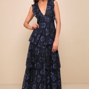 Lulu's Blue and Black Floral Maxi Dress